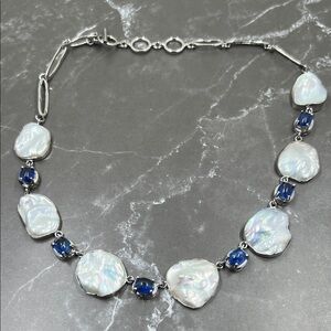 925 Sterling Blue Kyanite Baroque Pearl Necklace